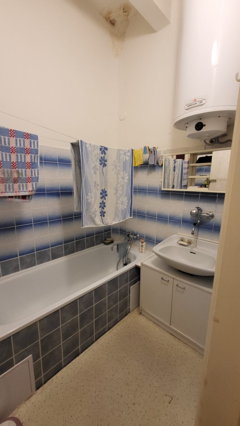 Původní koupelna před rekonstrukcí – modrý obklad, vana a bojler