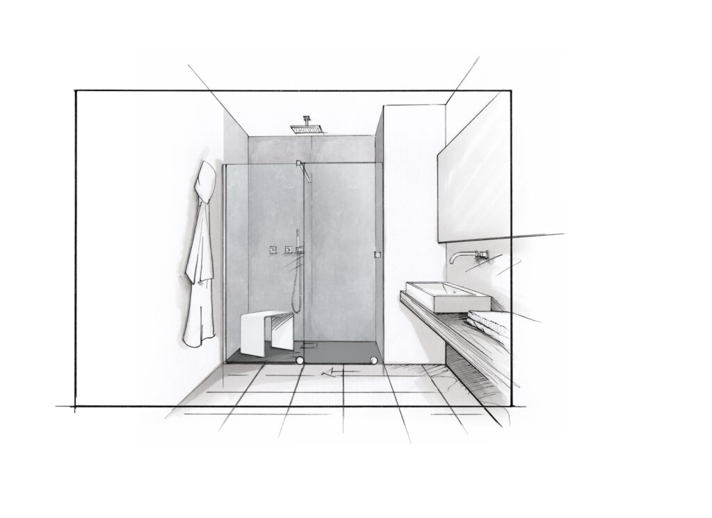 Krok 6 – hotový sprchový kout: nákres dokončené sprchy s obkladovými panely HÜPPE EasyStyle a skleněnou zástěnou