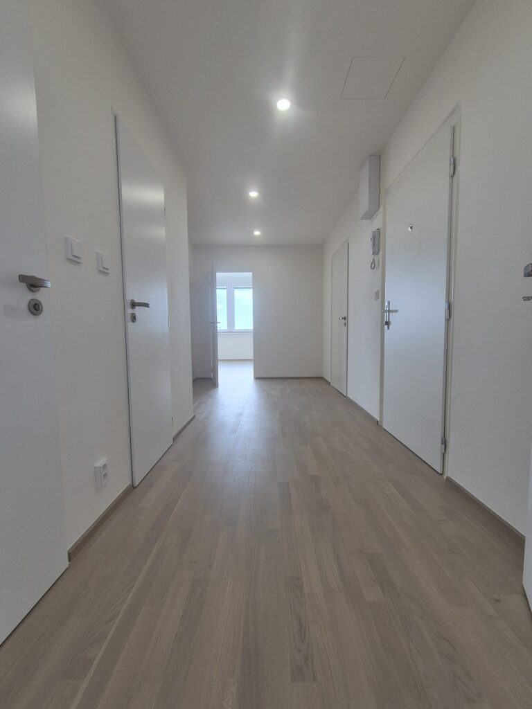 Chodba s novými dveřmi a dřevěnou podlahou, Praha Malešice